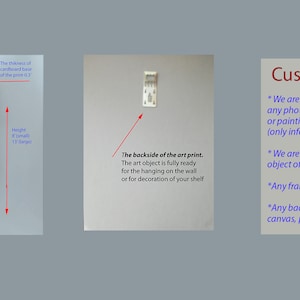 Puede incluir: Un pedido personalizado para una impresi&oacute;n de una fotograf&iacute;a o pintura. La impresi&oacute;n est&aacute; lista para colgar en la pared o exhibir en un estante. La impresi&oacute;n puede ser de cualquier tama&ntilde;o, con cualquier color de marco y material de respaldo. El texto en la imagen dice "Pedido personalizado *Estamos listos para encontrar cualquier fotograf&iacute;a o pintura que desee (solo inf&oacute;rmenos) * Estamos listos para imprimir un objeto de arte de cualquier tama&ntilde;o (pero no muy grande) *Cualquier color de marco *Cualquier respaldo (cart&oacute;n, lienzo, papel)"