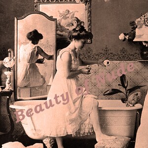Half-dressed woman in bathroom, Art print vintage