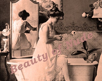 Halb bekleidete Frau im Badezimmer, Art print Vintage