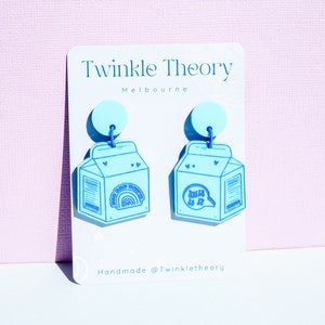 Milk Carton Funky Acrylic Dangle Earrings - Laser Cut Engraved Jewellery | Handmade Unique Cute Gift | Quote Earrings | Blue Earrings| Funky