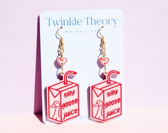 Silly Goose Juice Acrylic Dangle Earrings - Laser Cut Engraved Jewellery | Handmade Unique Cute Gift | Red Earrings | Funky Earrings | Pink