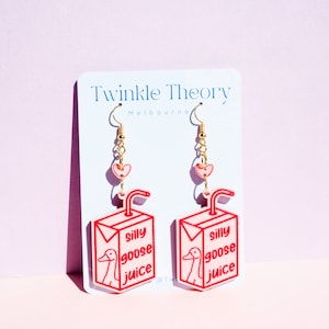 PRE ORDER Silly Goose Juice Acrylic Dangle Earrings - Laser Cut Engraved Jewellery| Handmade Unique Cute Gift| Red Earrings| Funky Earrings
