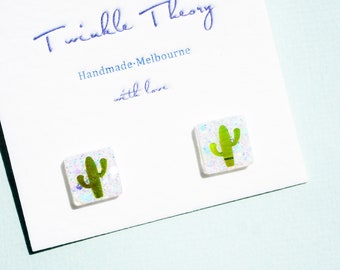 Funky Cactus Resin Mini Square Studs Earrings | Square Earrings | Resin Earrings | Studs Earrings | Funky Earring | Cactus Earrings | Cute