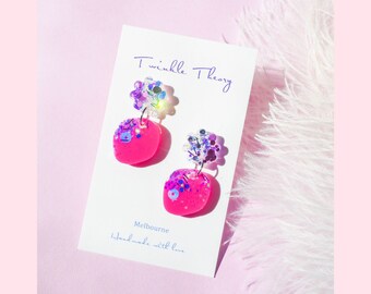 Glittery Resin Petite Flower Drop Dangle Earring | Petite Earring | Flower Earring | Glitter Earring | Purple Earring | Funky Earring