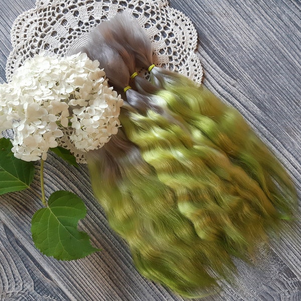 Organische Haare (Ombre: Hellgrün-Asche). Mohair Puppenhaar Mohairsträhnen Mohairlocke Мohair locken Rebornhaare Paolahaar Mohairperücke