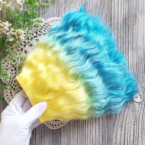 Trama de mohair (amarillo-azul) Cabello de muñeca mohair orgánico. Peluca Bjd. 5-8" (13-20 cm) Hebras de mohair Trama de cabello reroot Blythe con mechones de mohair