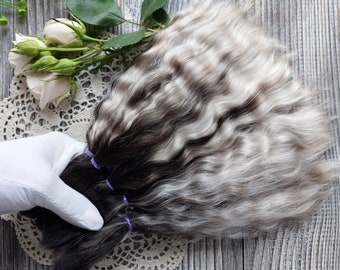 Capelli organici (Ombre: neri con punte grigie). Capelli di bambola in mohair. Capelli di bambola Ciocche di mohair Ciocche di mohair Riccioli di mohair Capelli reborn Parrucca in mohair