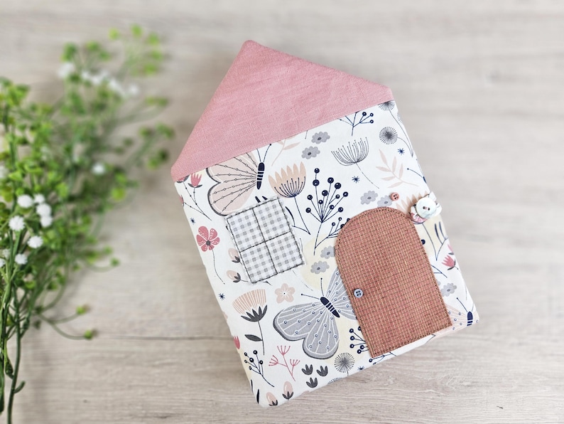 Doll bed inside fabric dollhouse, handmade bedding for dolls, sewing pattern details