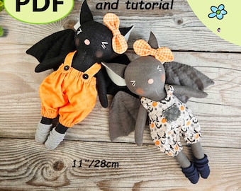 Patrón de costura de murciélago en PDF / Patrón de muñeco murciélago con ropa / Tutorial de costura de juguete de peluche de murciélago