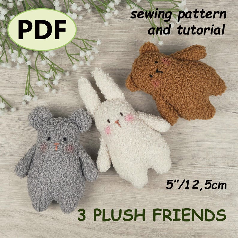 Plush Animal Sewing Pattern PDF | Bundle Bunny Bear Mouse | Stuffed Toy ...