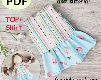 Doll Top and Skirt Sewing Pattern PDF, Doll Clothes Pattern Tutorial. For 6.4"/16cm Doll