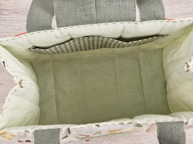 Inside view of dollhouse bag with padded lining and inner pocket, PDF sewing pattern