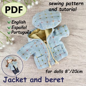 Doll Jacket and Beret Sewing Pattern PDF, Doll Clothes Tutorial 8"/20cm