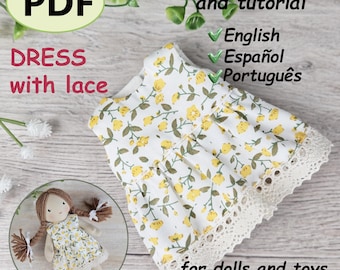 Doll Dress Sewing Pattern PDF for 16cm Dolls with Lace Trim and Printable Tutorial