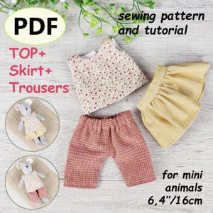 Könnte beinhalten: Ein Schnittmuster und Tutorial für Mini-Tierkleidung. Das Bild zeigt ein Oberteil, einen Rock und eine Hose sowie zwei kleine Mauspuppen. Die Kleidung ist mit Blumenmuster und Karomuster versehen. Der Text auf dem Bild lautet "PDF" und "16cm".