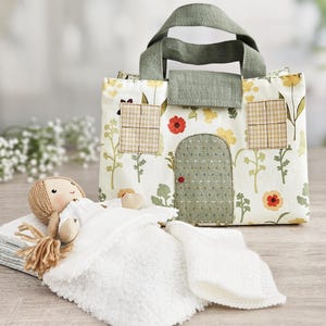 Handmade dollhouse bag with doll bed set, soft blanket and pillow, DIY sewing pattern
