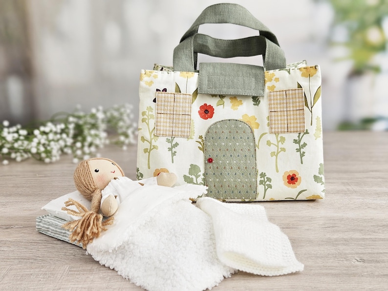 Handmade dollhouse bag with doll bed set, soft blanket and pillow, DIY sewing pattern