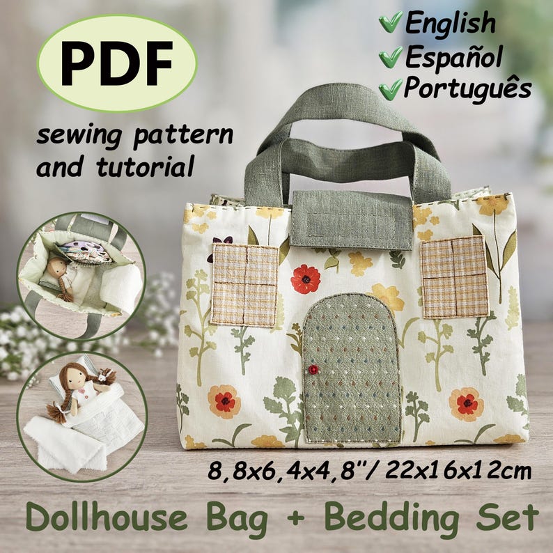 Dollhouse bag with bedding set, pillow and blanket for dolls, sewing pattern PDF
