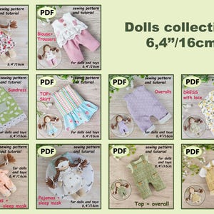 K&ouml;nnte beinhalten: Eine Sammlung von Puppenkleidungsmustern, darunter Kleider, Oberteile, R&ouml;cke, Overalls und Pyjamas. Jedes Muster wird mit einer Miniaturpuppe und dem Text "PDF" und "N&auml;hmuster und Anleitung" angezeigt. Der Text "Dolls collection 16cm" ist ebenfalls vorhanden.