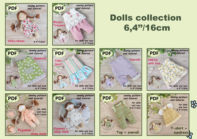 K&ouml;nnte beinhalten: Eine Sammlung von Puppenkleidungsmustern, darunter Kleider, Oberteile, R&ouml;cke, Overalls und Pyjamas. Jedes Muster wird mit einer Miniaturpuppe und dem Text "PDF" und "N&auml;hmuster und Anleitung" angezeigt. Der Text "Dolls collection 16cm" ist ebenfalls vorhanden.