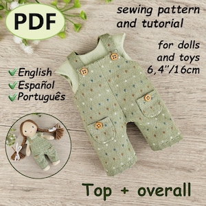 Patrón de costura en PDF para mono de muñeca, patrón de ropa para muñeca de 16 cm, tutorial de atuendo para muñeca de trapo.