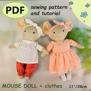 May include: Two handmade mouse dolls, each with large ears and fabric clothing. One mouse wears a white top and red pants, the other a peach dress. The image includes the text "PDF sewing pattern and tutorial" and "MOUSE DOLL + clothes 11"/28cm."