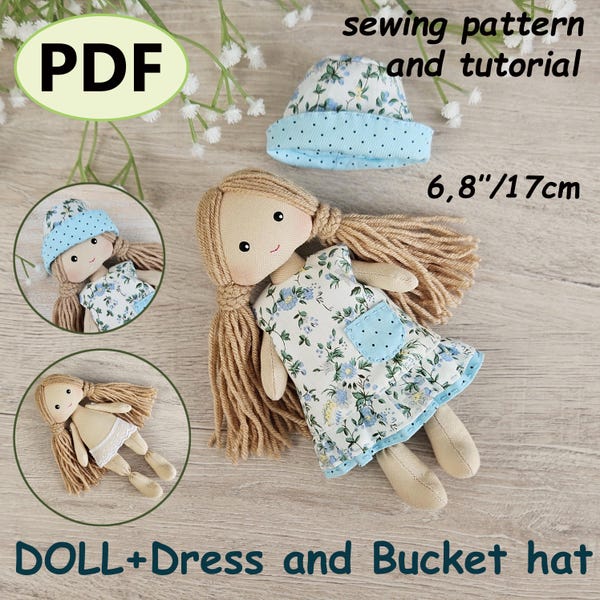 Patrón de costura para muñeca PDF 17 cm + Vestido y gorro + Tutorial