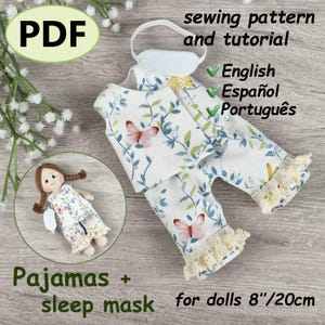 Patrón de costura en PDF para pijama de muñeca de 20 cm / Tutorial para pijama y antifaz de dormir para muñeca