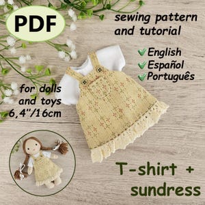 Doll dress sewing pattern PDF, doll clothes pattern, sundress and t-shirt for 16 cm doll