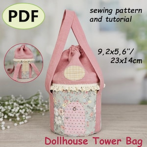 May include: A pink Dollhouse Tower Bag with a floral pattern and lace trim. The bag has a drawstring closure and a handle. The text "PDF" is in a green oval, and the dimensions are 9.2 x 5.6 inches / 23 x 14 cm. The text "sewing pattern and tutorial" is also visible.