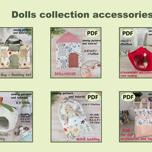K&ouml;nnte beinhalten: Sammlung von Puppenzubeh&ouml;r-Schnittmustern. Enth&auml;lt eine Puppenhaus-Tasche und Bettw&auml;sche-Set, ein Puppenhaus, ein Erdbeer-Puppenhaus, ein Apfelhaus, Mini-Bettw&auml;sche und eine Tasche. Jedes Muster ist ein PDF mit Ma&szlig;en.
