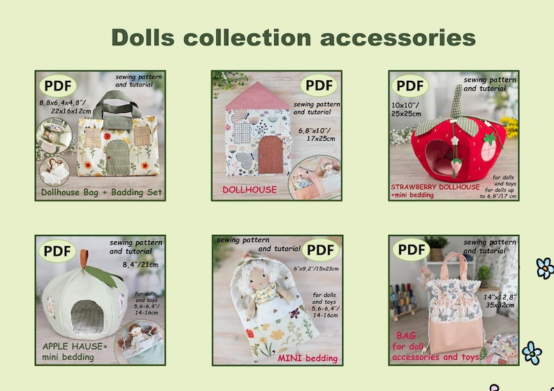 K&ouml;nnte beinhalten: Sammlung von Puppenzubeh&ouml;r-Schnittmustern. Enth&auml;lt eine Puppenhaus-Tasche und Bettw&auml;sche-Set, ein Puppenhaus, ein Erdbeer-Puppenhaus, ein Apfelhaus, Mini-Bettw&auml;sche und eine Tasche. Jedes Muster ist ein PDF mit Ma&szlig;en.