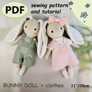 Bunny sewing pattern PDF: Girl and boy bunnies. Tutorial - Pattern for 2 fabric bunnies + clothes.. Stuffed animal toy. DIY Bunny Toy