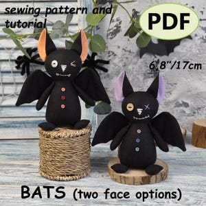 Mönster för sömnad av fladdermus i PDF-format | Handledning för Halloween-plyschleksak | 17 cm gör-det-själv-tygmönster för fladdermus