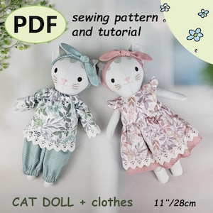 Cat Sewing Pattern PDF. Tutorial and Pattern. 2 fabric cats. Clothes for cats, boy and girl. Stuffed animal toy. DIY cat Instant download