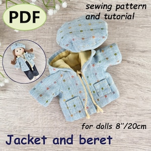 Könnte beinhalten: Ein hellblaues Puppenjacken- und Barett-Set mit einem bunten Tupfenmuster. Die Jacke hat eine Kapuze und Taschen. Das Bild enthält den Text "sewing pattern and tutorial" und "für Puppen 20cm".