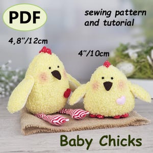 May include: Two plush yellow baby chick toys, one 4.8 inches (12 cm) tall and the other 4 inches (10 cm) tall, with red and white striped feet. They have black eyes, brown beaks, and red accents. The text "Baby Chicks" is at the bottom.