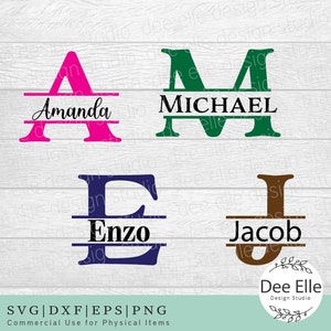 May include: Four split monogram designs with names in black text. The letters are in pink, green, blue, and brown. The names are Amanda, Michael, Enzo, and Jacob. The text at the bottom reads "SVG|DXF|EPS|PNG Commercial Use for Physical Items" and "Dee Elle Design Studio".