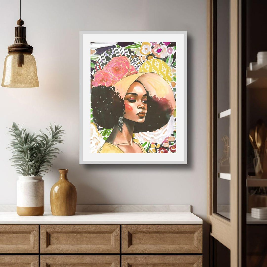 Floral Black Woman Portrait Art Print | Elegant Wall Decor (digital ...