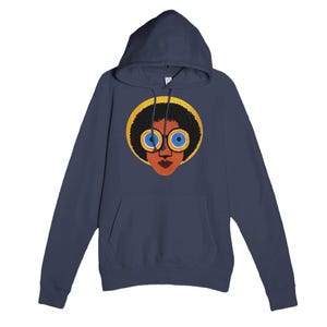 May include: A navy blue hooded sweatshirt featuring a graphic of a person with large round glasses and a yellow halo.