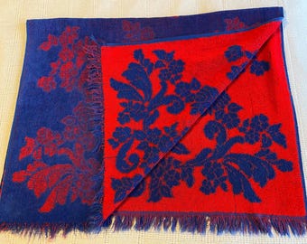 Vintage 1970s Terry Cloth Bath Towel Ready for Your Craftcore Projects -- Reversible Bright Red and Cobalt Blue Roses. Has Been Deeply Loved