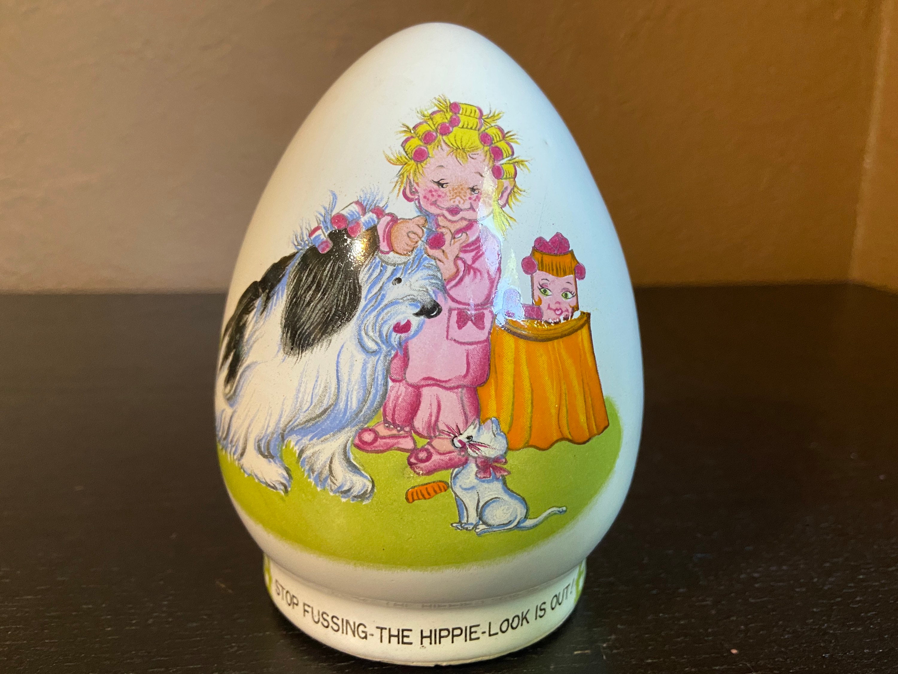 Cute, Unusual Vintage 1970s Bank / Egg-shaped Ceramic / Girl Brushing Sheep Dog and Telling Him "Stop Fussing - The Hippie-Look is Out"