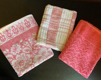 Vintage 1960s-1970s Cannon / Fieldcrest Terrycloth Bath Towel -- Sculpted Pink, Pink and White Floral, Pink and White Plaid. Sold Separately