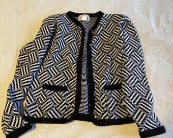 Vintage 1990s Tally Ho Cardigan Sweater -- Black and White Striped Squares with Silver Buttons -- Women's Medium. Pockets!