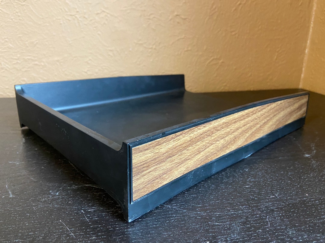 Vintage 1960s File Holder / Paper Tray Eldon Office Products Black Plastic With Faux Wood