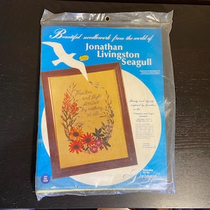 May include: A craft kit featuring a framed needlepoint design. The design includes floral elements and the text "Freedom and flight limited by nothing at all." The packaging is blue and white, with the words "Jonathan Livingston Seagull" and a seagull illustration.