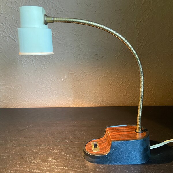 Cute Little Vintage 1960s Gooseneck Desk Lamp -- Faux Wood Accent Base -- Made in Japan. Small Footprint Will Leave You Lots of Desk Space!