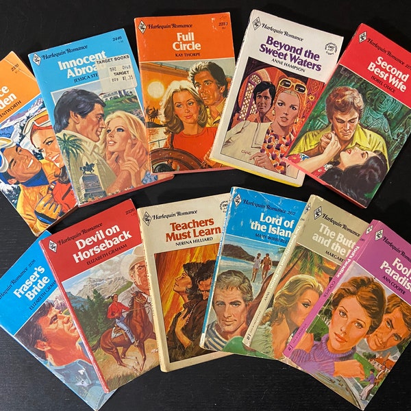 Set of 11 Vintage 1970s - 1980s Harlequin Romance Paperbacks / 2 Mills & Boon / 9 Red Edge. Throwback Poolside Reading at its Finest!