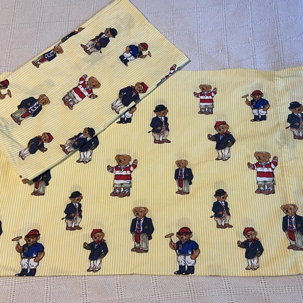 Set of 2 Vintage 1990s Ralph Lauren Polo Bear Pillowcases -- Yellow Ticking Stripe Background Scattered with Sweet Little Preppy Bears!