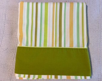 Vintage 1970s Westpoint Pepperall Full Flat Sheet -- Olive Green Trim with Olive, Lime, Orange Stripes. Quintessential '70s! / Upcycling?
